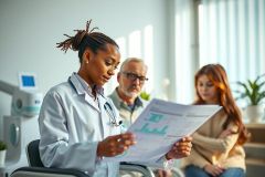 A doctor in a white coat reviews a document with a patient and their family in a medical office. Healthcare, consultation, and patient care are key themes.