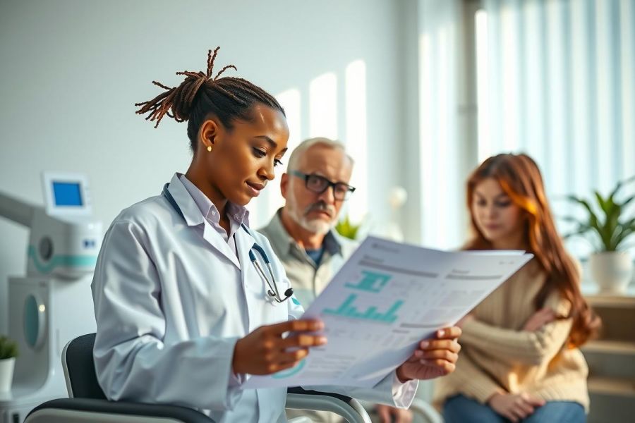 A doctor in a white coat reviews a document with a patient and their family in a medical office. Healthcare, consultation, and patient care are key themes.