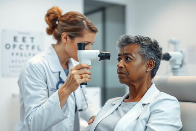 Optometrist examining a patient's eyes during an eye test. The scene takes place in a modern clinic with an eye chart visible. A woman in a white coat uses an ophthalmoscope on an older woman seated comfortably. Healthcare, vision care, and eye health are key themes.