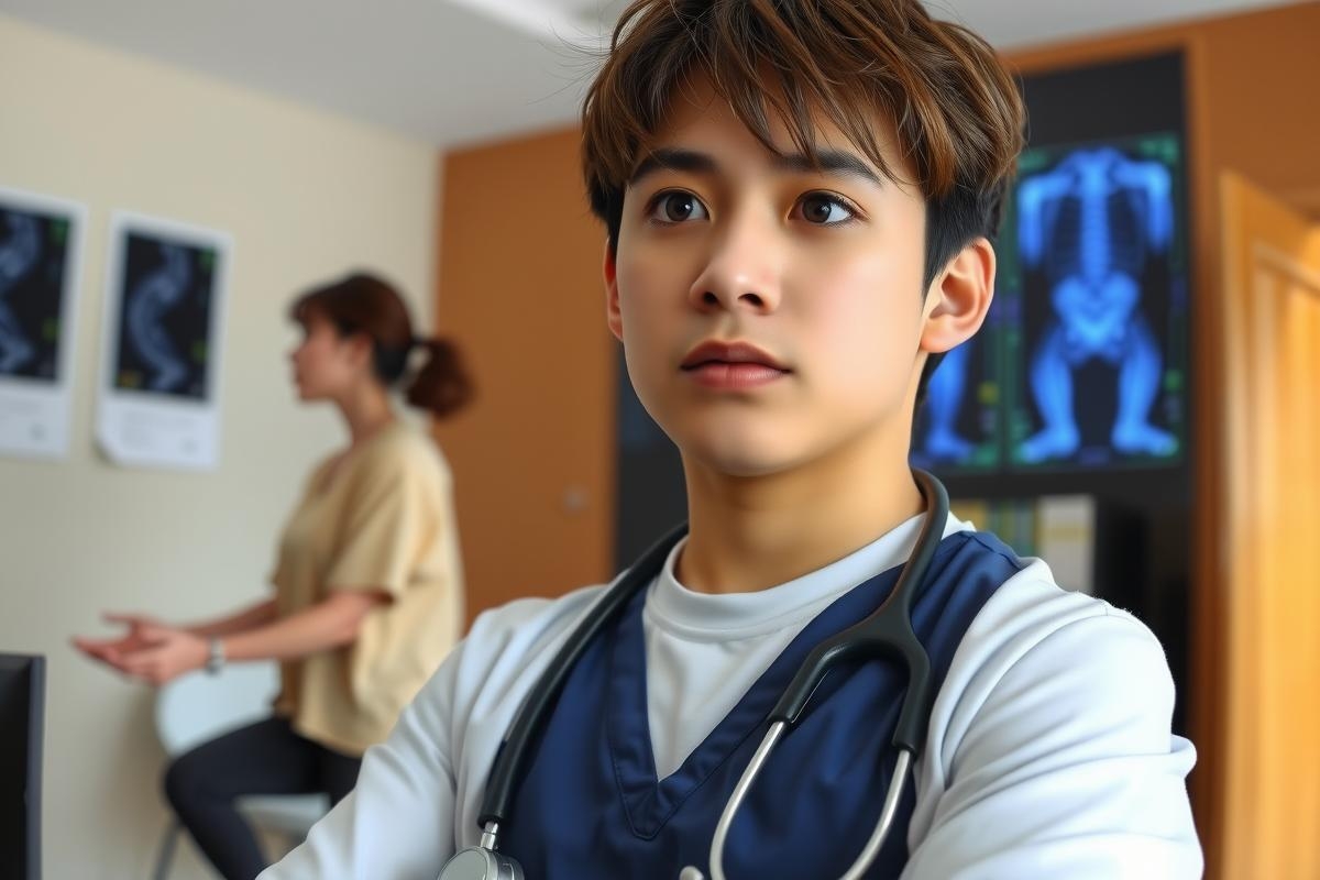 The image features a young male doctor in a hospital setting. He is wearing a blue medical uniform and standing next to a female patient who is seated on an examination table.