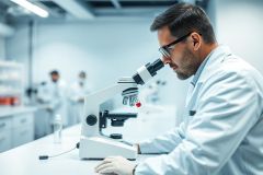 Scientist in a modern laboratory using a microscope. The image showcases a male researcher wearing a white lab coat and glasses, focused on examining a sample. The clean, bright environment with blurred colleagues in the background suggests scientific research and analysis. Predominant colors are white and blue.