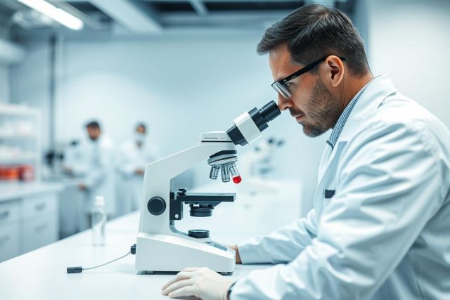 Scientist in a modern laboratory using a microscope. The image showcases a male researcher wearing a white lab coat and glasses, focused on examining a sample. The clean, bright environment with blurred colleagues in the background suggests scientific research and analysis. Predominant colors are white and blue.