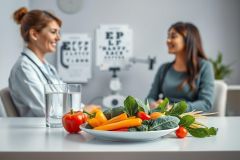 Doctor and patient discuss healthy eating in a bright clinic. Fresh vegetables like red peppers, tomatoes, and kale are on display. Focus on nutrition and wellness consultation, with eye chart visible in background. Healthy lifestyle concept.