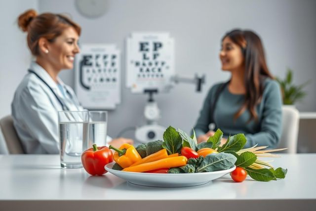 Doctor and patient discuss healthy eating in a bright clinic. Fresh vegetables like red peppers, tomatoes, and kale are on display. Focus on nutrition and wellness consultation, with eye chart visible in background. Healthy lifestyle concept.