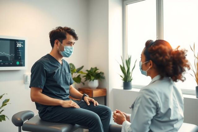 Doctor consults with a patient in a medical office. The doctor is wearing a white coat and the patient is wearing a medical gown.  A monitor displaying a heart rate is visible in the background. Healthcare setting.