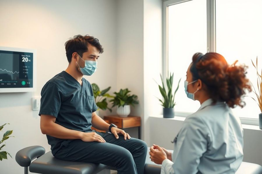 Doctor consults with a patient in a medical office. The doctor is wearing a white coat and the patient is wearing a medical gown. A monitor displaying a heart rate is visible in the background. Healthcare setting.