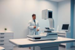 Medical examination room featuring a modern diagnostic device. A doctor in a white coat is blurred in the background, while the equipment sits on a light gray table. The scene is bathed in cool, soft lighting, suggesting a clinical and professional environment.
