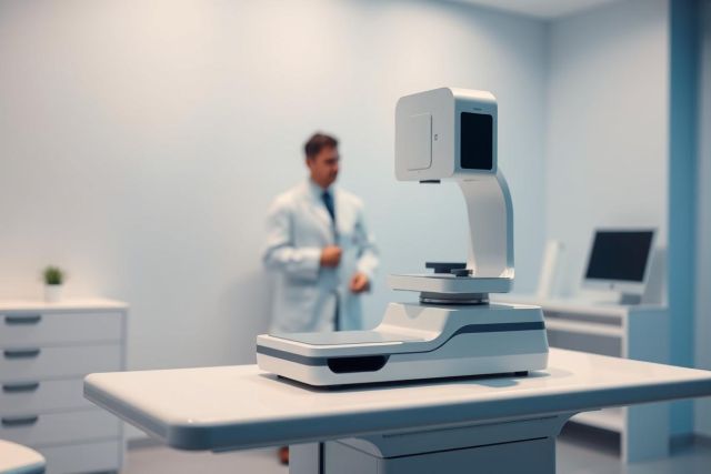 Medical examination room featuring a modern diagnostic device. A doctor in a white coat is blurred in the background, while the equipment sits on a light gray table. The scene is bathed in cool, soft lighting, suggesting a clinical and professional environment.