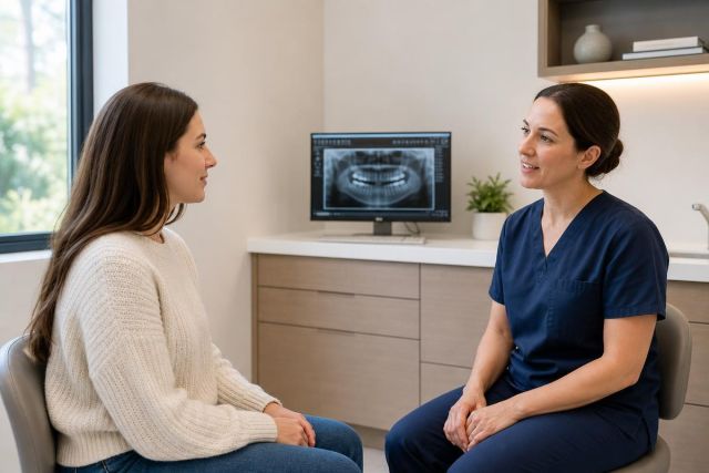 Dentist in navy scrubs consulting with patient, dental panoramic X-ray visible on monitor.