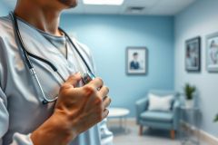 Healthcare professional, likely a doctor, wearing a stethoscope and examining a patient in a calming blue waiting room. The image suggests medical checkups and patient care within a clinical setting. Focus on medical services and healthcare environment.