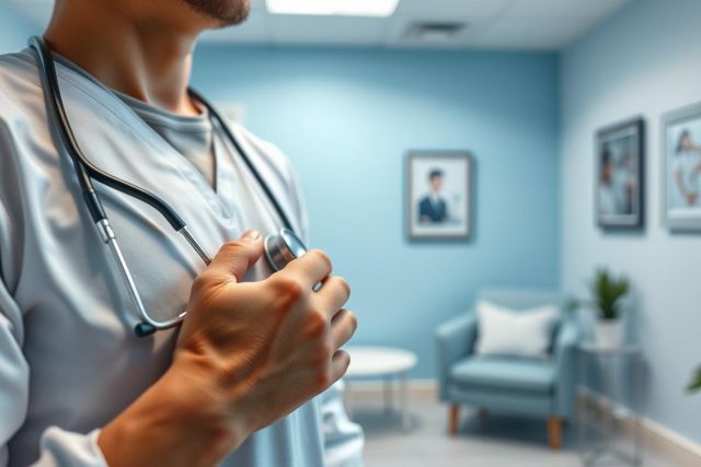 Healthcare professional, likely a doctor, wearing a stethoscope and examining a patient in a calming blue waiting room. The image suggests medical checkups and patient care within a clinical setting. Focus on medical services and healthcare environment.