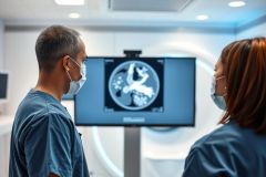 Medical professionals in scrubs and masks examine a brain scan displayed on a monitor in a modern, bright hospital setting. The image showcases diagnostic imaging and healthcare technology, featuring blue and white tones. Focus on medical diagnosis and patient care.