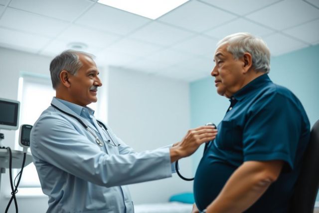 Doctor examining patient with stethoscope in medical office. Healthcare checkup, diagnostic assessment, and preventative care in a clinical setting.