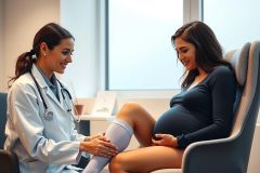Doctor examining a pregnant woman during a checkup in a medical office.  Focus on prenatal care, maternal health, and doctor-patient interaction.  Warm lighting and a calm environment.