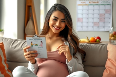 The image features a smiling woman sitting on a couch, holding a clipboard. She appears to be pregnant and is looking towards the camera with a radiant smile.