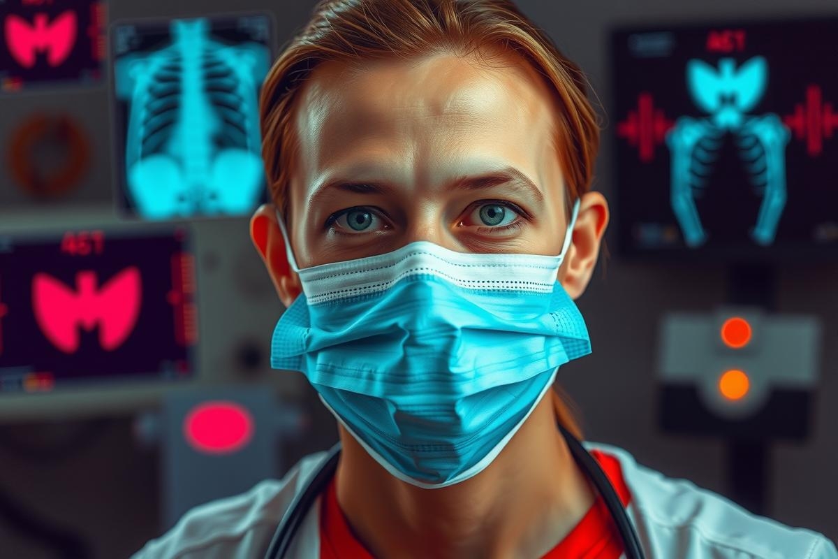 The image features a female character wearing a medical mask and a lab coat, set in a modern healthcare environment with medical equipment such as ECG monitors. The color palette is predominantly sterile whites and blues, with accents of red from the monitoring devices.