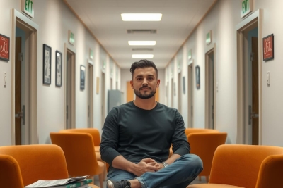 The image shows a man sitting cross-legged on an orange chair in what appears to be an office environment. He is dressed in casual attire, with a grey long-sleeved shirt and blue jeans. The room has a modern look with minimal decoration, featuring off-white walls and carpeting. There are no visible texts or distinctive markings that provide additional context about the scene.