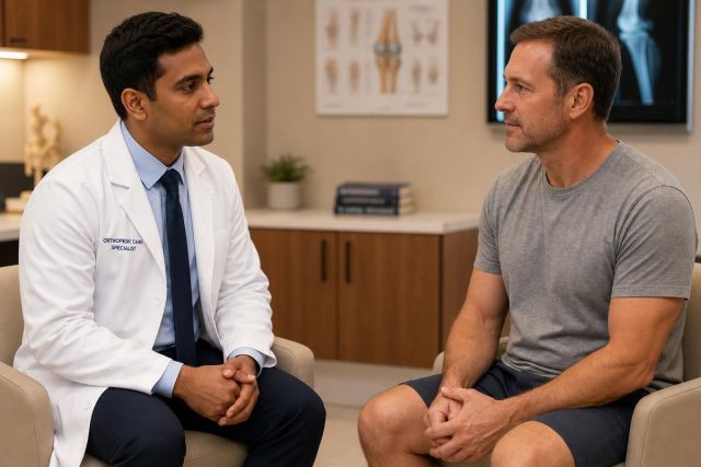 Orthopedic specialist consulting a middle-aged man about knee treatment in a calm clinic setting.