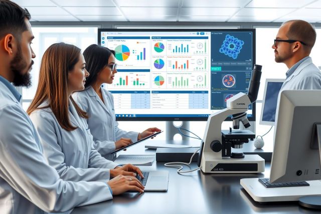 Scientists in lab coats discussing data analysis on a computer screen in a modern research laboratory. Focus on microscopy and scientific research. 