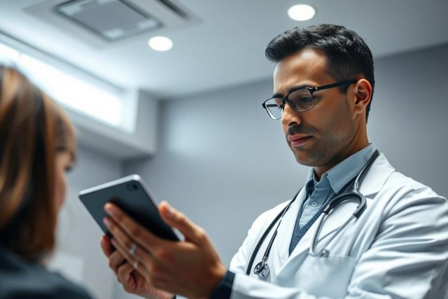 A male doctor in a white coat and glasses examines a tablet while consulting with a patient in a modern, bright medical office. Focus on healthcare technology and patient care. Soft lighting and neutral colors create a professional atmosphere.