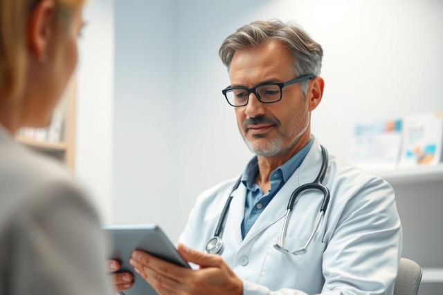 Doctor in white coat consults with a patient, reviewing data on a tablet in a modern clinic setting. Focus on healthcare, medical consultation, and technology in a professional, neutral color palette.