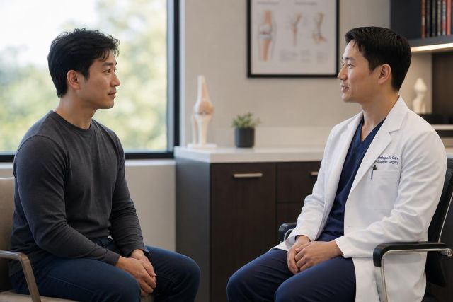 Orthopedic consultation between surgeon and patient in clinic, knee model and chart visible.