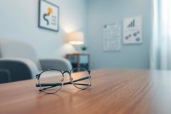 Glasses rest on a wooden table in a light blue office or therapy room setting. Artwork and a lamp are softly visible in the background. A calming, professional atmosphere with warm wood tones and cool blue accents.