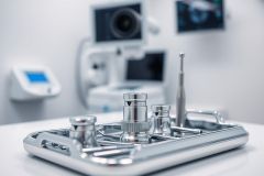 Close-up of surgical instruments on a silver tray in a modern, sterile medical environment. Stainless steel tools and equipment are prominent, with a blurred background of diagnostic machinery. 