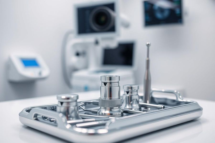 Close-up of surgical instruments on a silver tray in a modern, sterile medical environment. Stainless steel tools and equipment are prominent, with a blurred background of diagnostic machinery.