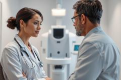 Doctor consults with a patient in a modern medical clinic. The image shows a female doctor wearing a stethoscope discussing with a male patient, with diagnostic equipment visible in the background. Healthcare, consultation, and medical setting are key themes.