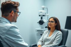 Doctor consults with a patient in a modern ophthalmology clinic. The scene features a professional setting with medical equipment and a calming blue color palette. Focus on eye care and healthcare services.