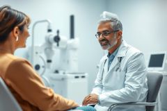 Doctor in a modern clinic consults with a patient. The image shows a friendly male doctor in a white coat speaking to a woman, with medical equipment visible in the background. Healthcare, consultation, and medical examination themes are present. Soft lighting and a neutral color palette create a professional atmosphere.