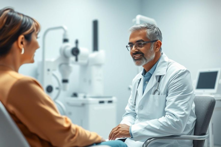 Doctor in a modern clinic consults with a patient. The image shows a friendly male doctor in a white coat speaking to a woman, with medical equipment visible in the background. Healthcare, consultation, and medical examination themes are present. Soft lighting and a neutral color palette create a professional atmosphere.