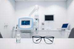 Dental office interior with modern equipment. A pair of eyeglasses and a small bottle rest on a white table in front of a blurred dental chair and monitors. Clean, bright, and clinical environment with blue and white tones. Focus on dental care and technology.