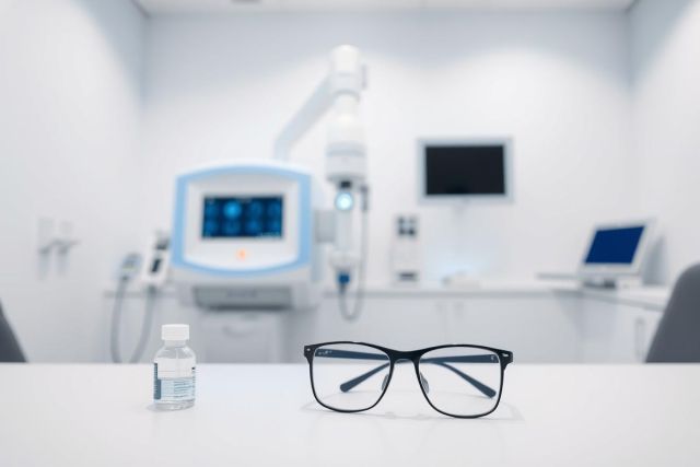 Dental office interior with modern equipment. A pair of eyeglasses and a small bottle rest on a white table in front of a blurred dental chair and monitors. Clean, bright, and clinical environment with blue and white tones. Focus on dental care and technology.