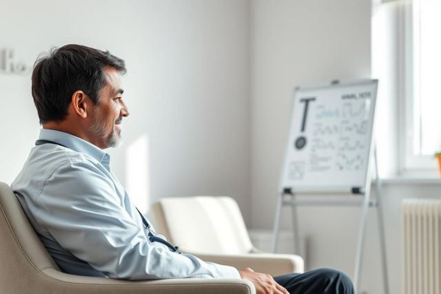 Man in a light blue shirt sits in a modern office, viewed from the side. A whiteboard with handwritten notes and a diagram is visible in the background near a window. 