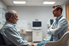 Doctor-patient consultation in a clinical setting. A mature man speaks with a younger doctor, both wearing glasses, in a light blue exam room with medical equipment visible. Focus on healthcare, medical checkup, and doctor-patient communication.