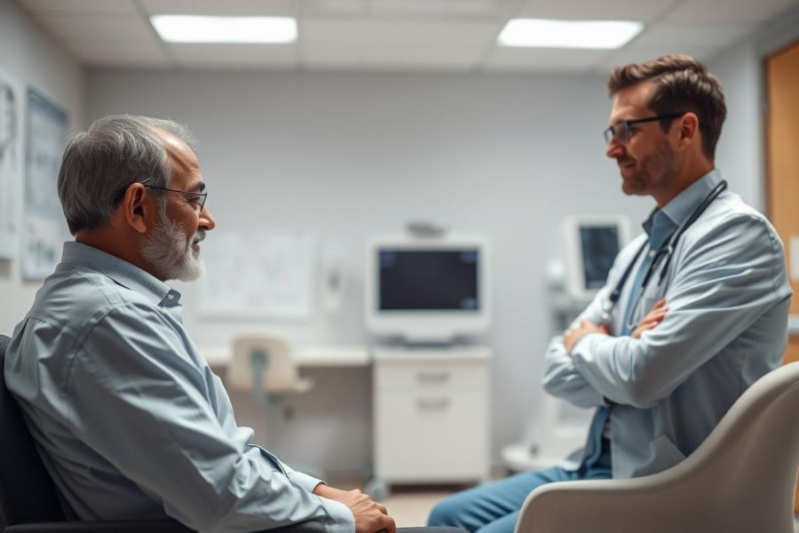 Doctor-patient consultation in a clinical setting. A mature man speaks with a younger doctor, both wearing glasses, in a light blue exam room with medical equipment visible. Focus on healthcare, medical checkup, and doctor-patient communication.