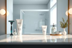 Men's skincare products displayed on a marble countertop. Includes a shaving cream tube, serum, and face cream. Clean, minimalist aesthetic with a white vase of flowers in the background.