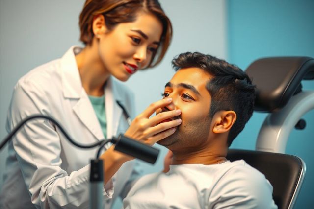 Doctor examining a patient's ear with an otoscope in a medical office. The scene features a healthcare professional in a white coat and a patient seated in a chair. Bright and clean environment.