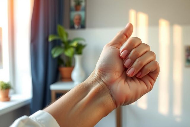 Close-up of a hand giving a thumbs up, bathed in natural light near a window with plants. Soft, neutral tones and a calming indoor setting create a peaceful vibe. A sign of approval or positivity.