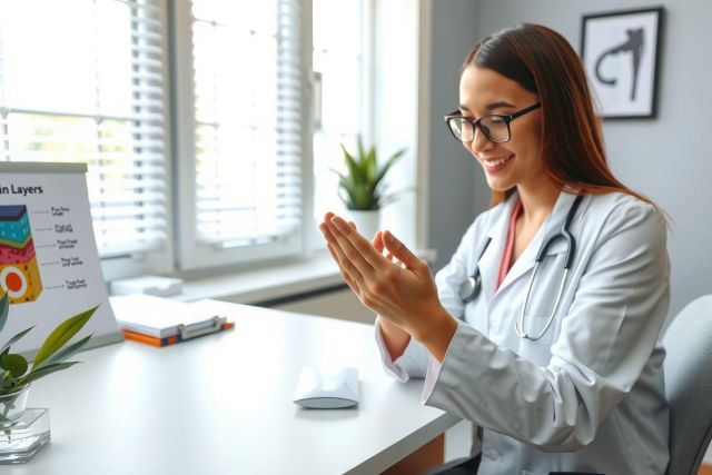Smiling female doctor in scrubs claps hands in a clinic or office setting. She wears glasses and a stethoscope. Bright, modern environment with plants and medical charts visible.