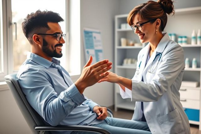 Doctor examining a patient in a bright, modern clinic. A smiling male patient sits in an examination chair while a female doctor, wearing a white coat and stethoscope, conducts an assessment. The scene conveys a positive healthcare experience with a focus on patient care.