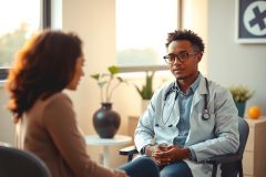 Doctor in a white coat speaks with a patient in a brightly lit office. Healthcare professional consultation, medical discussion, and wellness checkup setting.
