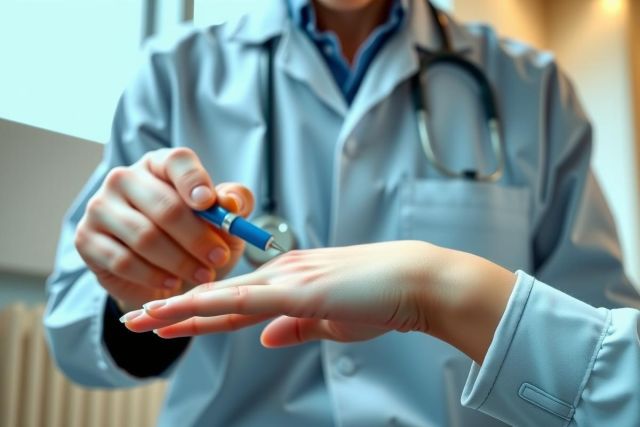 Healthcare professional administering an injection. Close-up shows hands in a medical setting with a blue lab coat. Focus on precision and medical procedure.