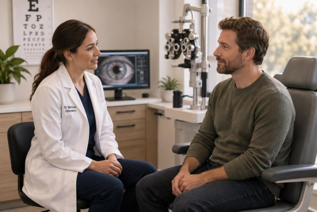 Ophthalmologist consulting a seated patient in exam room with eye imaging and phoropter.