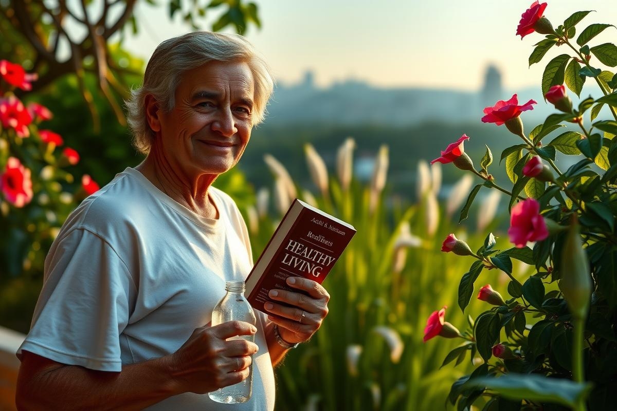 The image features an elderly man outdoors. He is sitting on a bench, dressed in casual clothing and appears to be enjoying a glass of wine or some other beverage. 