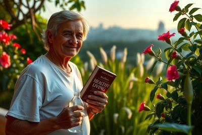 The image features an elderly man outdoors. He is sitting on a bench, dressed in casual clothing and appears to be enjoying a glass of wine or some other beverage. 