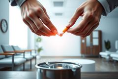Close-up of hands extinguishing a cigarette in an ashtray. The scene is indoors with a blurred background of a room featuring furniture and natural light. Focus on the action of putting out a cigarette.