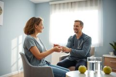 Doctor and patient in a bright, modern home setting. The physician, wearing a stethoscope, comforts the woman during a consultation. Blue walls and natural light create a calming atmosphere. Focus on healthcare, wellness, and patient care.
